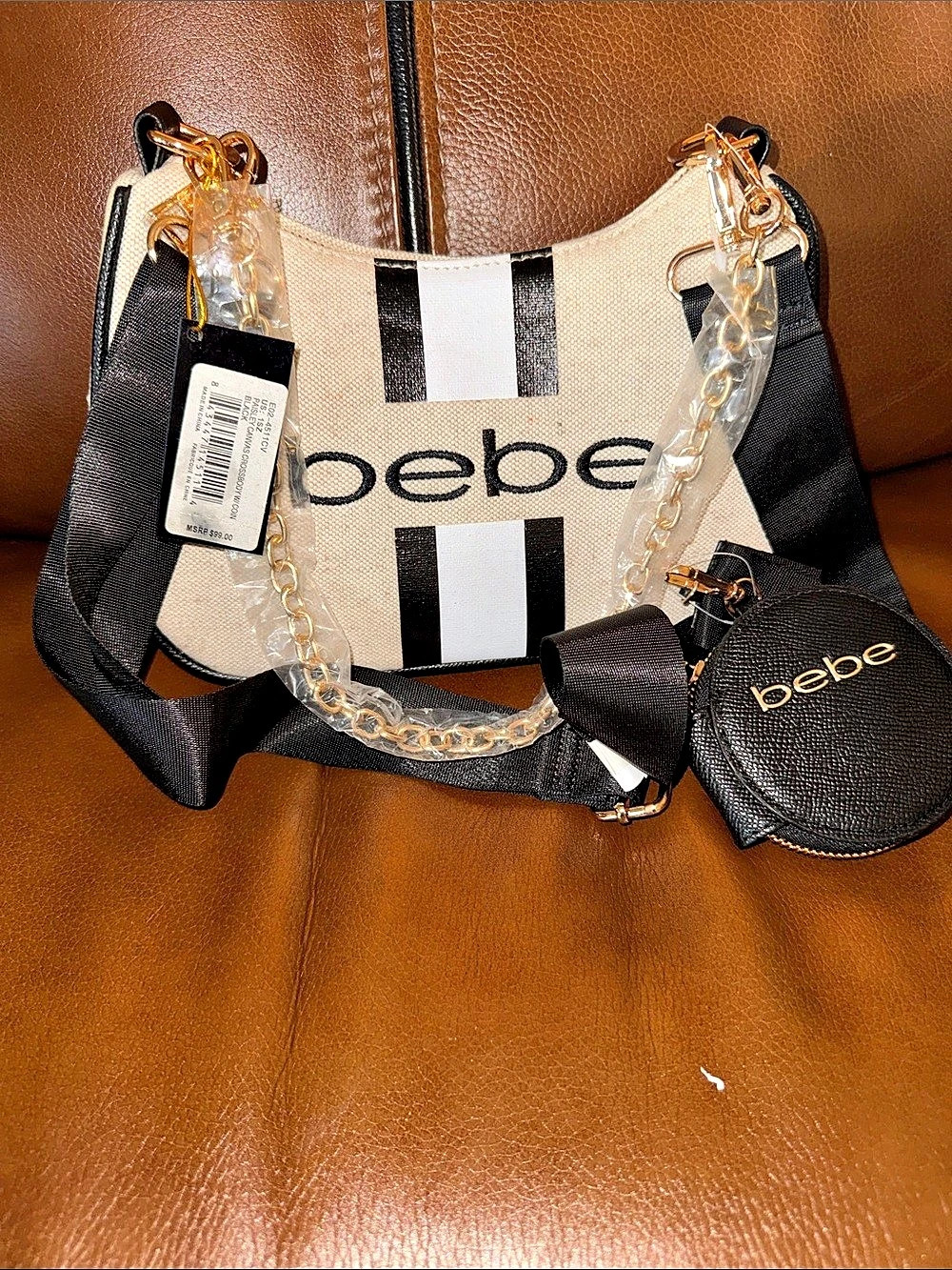 bebe Roxsboro Striped Shoulder Bag Black & White NWT